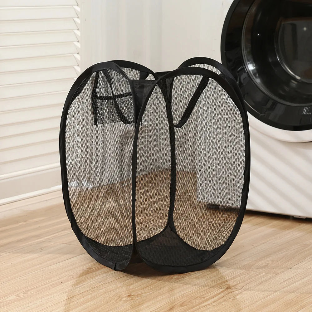 Foldable Pop-Up Mesh Laundry Hamper – Black