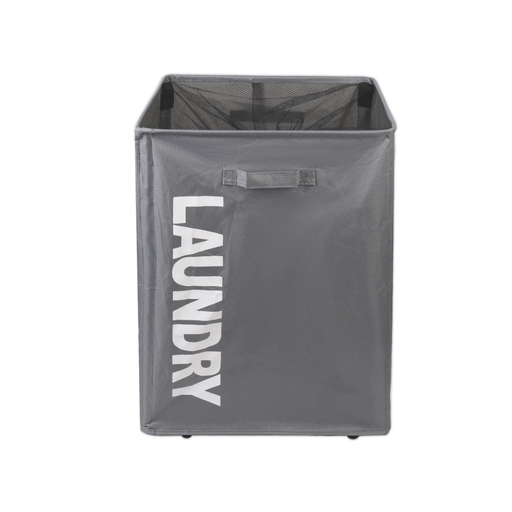Grey folding laundry hamper on wheels
