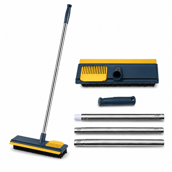 Blue floor scrubbing brush with squeegee and cleaning comb